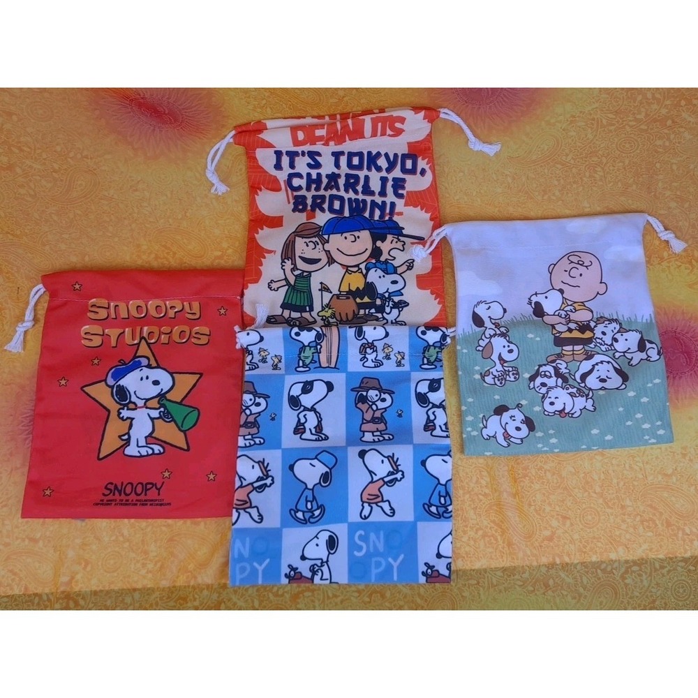 Set Of 4 Snoopy and Peanuts Reusable Drawstring Bags It's Tokyo Charlie Brown